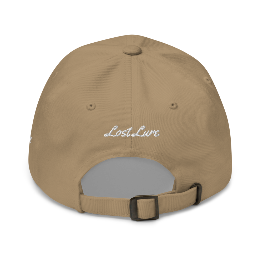 A smallmouth bass fishing hat / dad hat with a simple embroidery design of a smallie. Brown hat, back side.