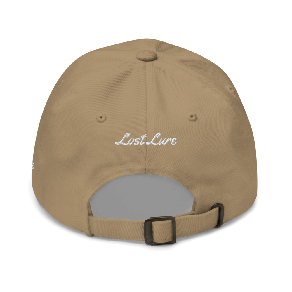 Brook Trout fishing hat. It’s a simple embroidered hat/ dad hat with a brook trout and the lost lure logo on the side. Light brown, back side