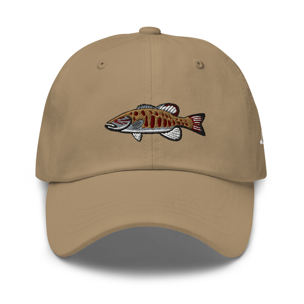 A smallmouth bass fishing hat / dad hat with a simple embroidery design of a smallie. Brown hat, front side