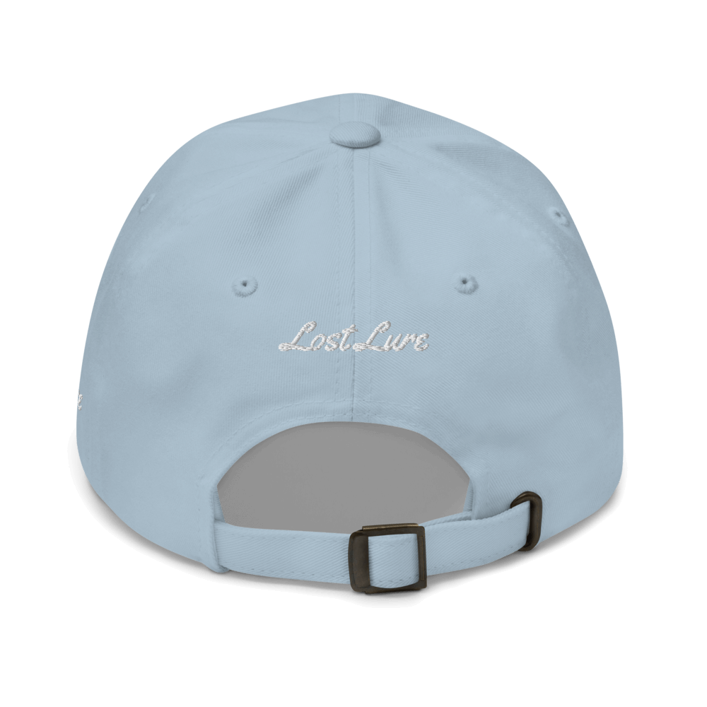 Brook Trout fishing hat. It’s a simple embroidered hat/ dad hat with a brook trout and the lost lure logo on the side. Light blue, back side