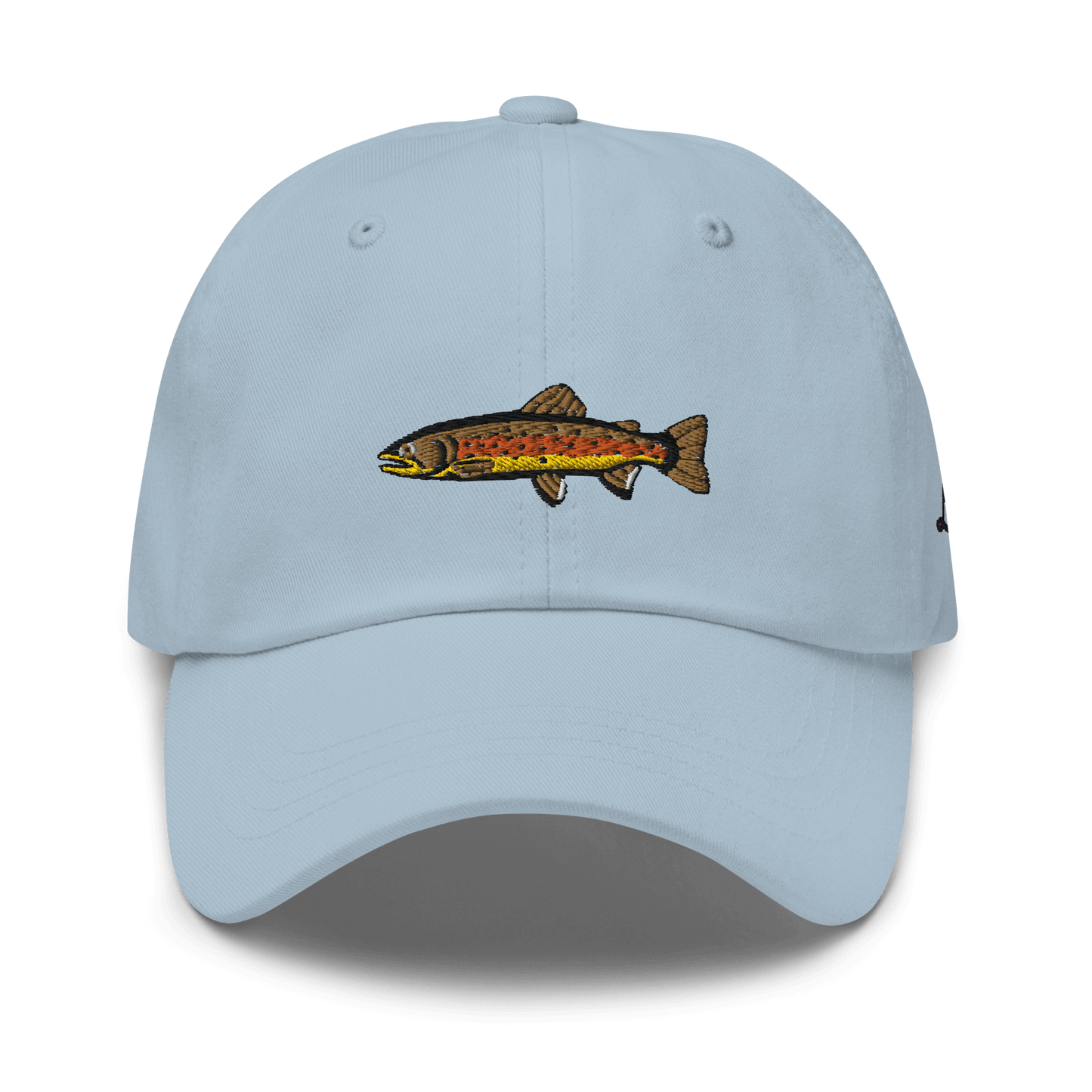 Brown Trout fishing hat. It’s a simple embroidered hat/ dad hat with a brown trout and the lost lure logo on the side. Light blue, front side