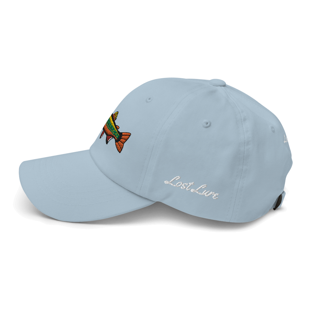 Brook Trout fishing hat. It’s a simple embroidered hat/ dad hat with a brook trout and the lost lure logo on the side. Light blue, left side