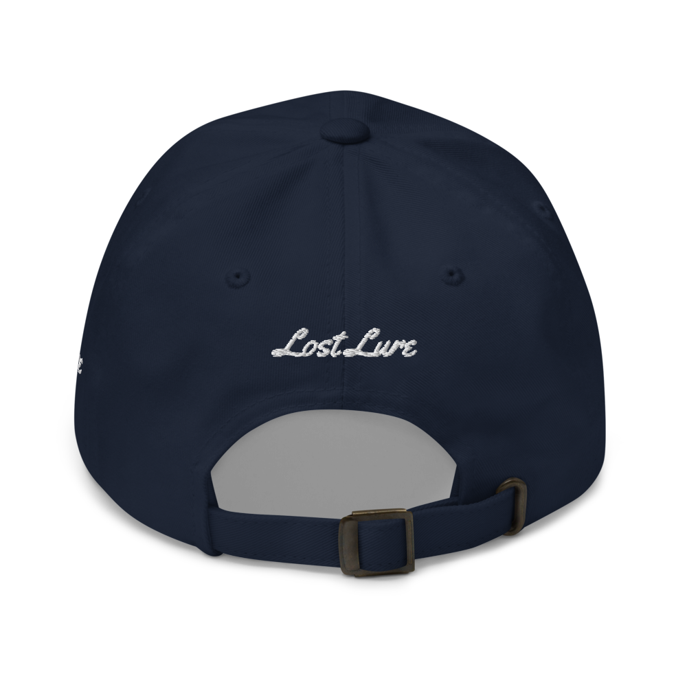 A smallmouth bass fishing hat / dad hat with a simple embroidery design of a smallie. Blue hat, back side.