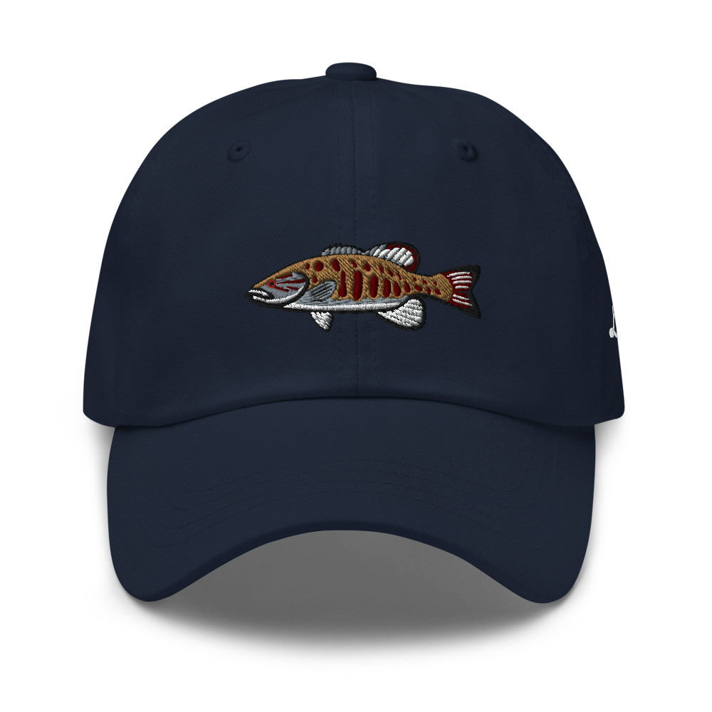 A smallmouth bass fishing hat / dad hat with a simple embroidery design of a smallie. Blue hat, front side