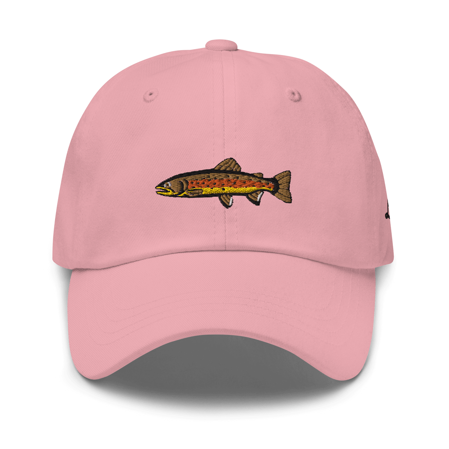 Brown Trout fishing hat. It’s a simple embroidered hat/ dad hat with a brown trout and the lost lure logo on the side. Pink woman’s hat, front side