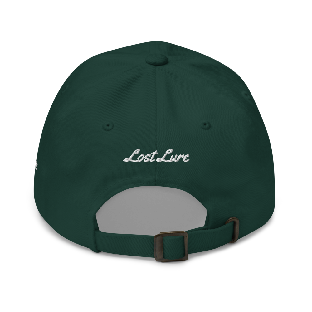 A smallmouth bass fishing hat / dad hat with a simple embroidery design of a smallie. Green hat, back side.