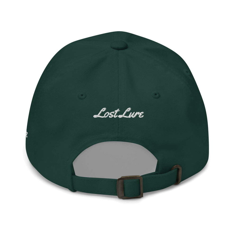 Brook Trout fishing hat. It’s a simple embroidered hat/ dad hat with a brook trout and the lost lure logo on the side. dark green, back side