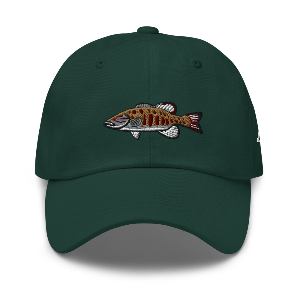 A smallmouth bass fishing hat / dad hat with a simple embroidery design of a smallie. Green hat, front side