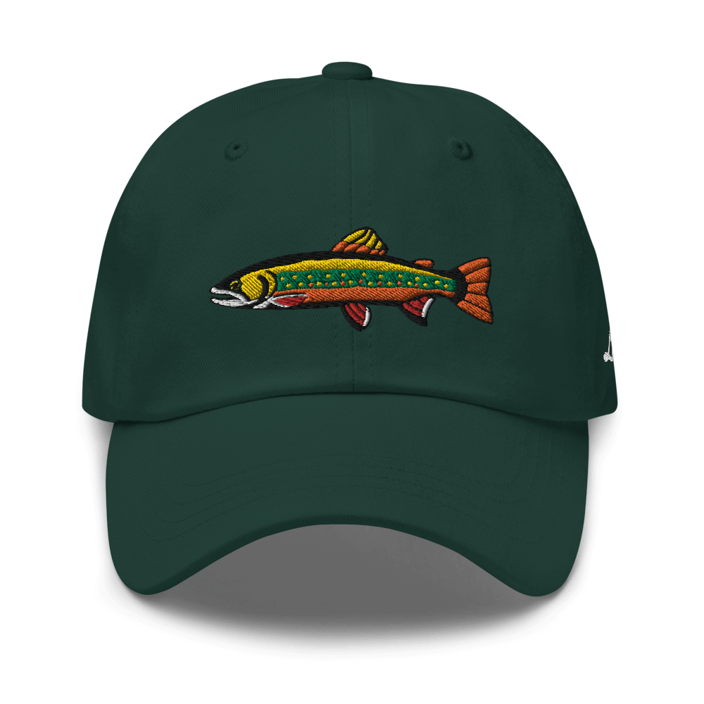 Brook Trout fishing hat. It’s a simple embroidered hat/ dad hat with a brook trout and the lost lure logo on the side. dark green, front side