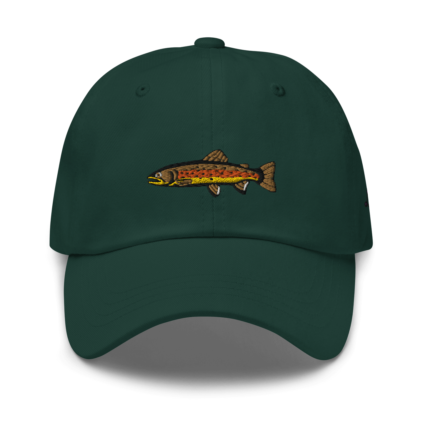 Brown Trout fishing hat. It’s a simple embroidered hat/ dad hat with a brown trout and the lost lure logo on the side. Dark green hat, front side