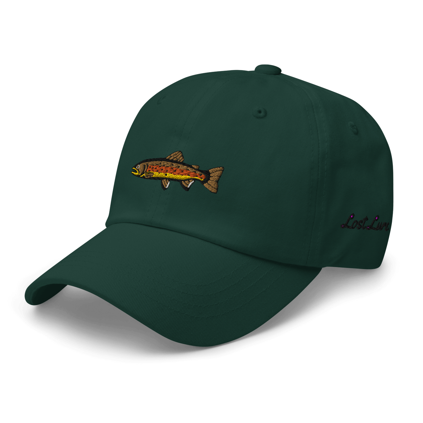 Brown Trout fishing hat. It’s a simple embroidered hat/ dad hat with a brown trout and the lost lure logo on the side. Dark green hat, front left side