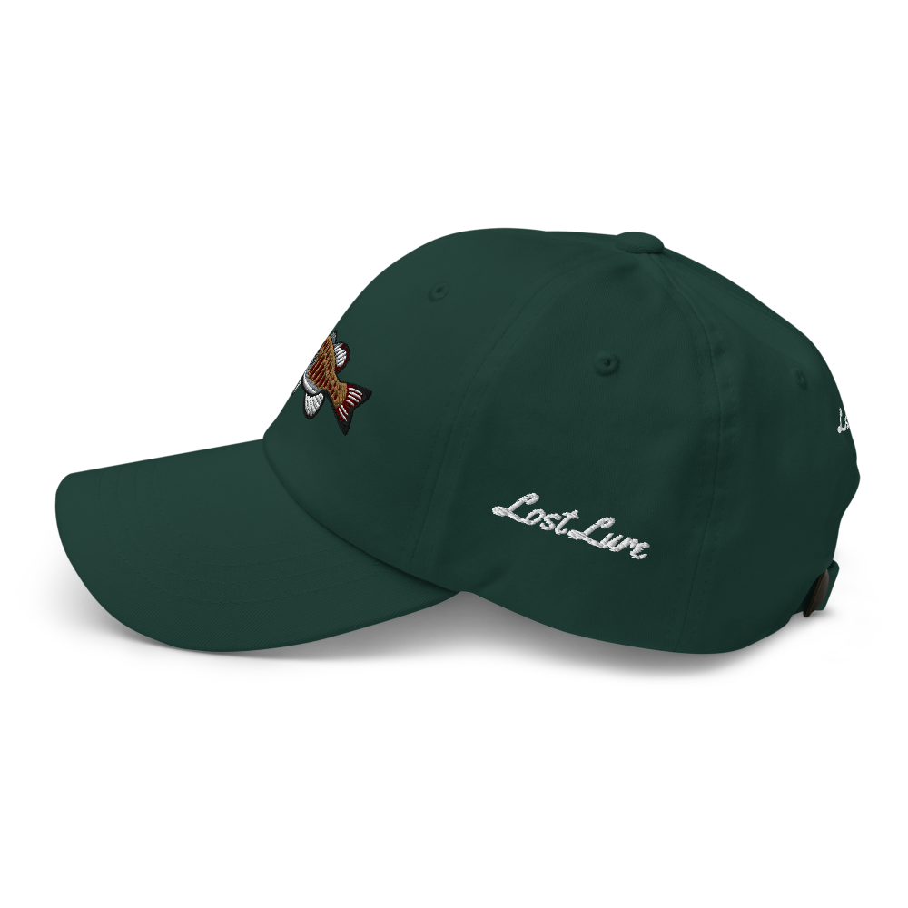A smallmouth bass fishing hat / dad hat with a simple embroidery design of a smallie. Green hat, left side.