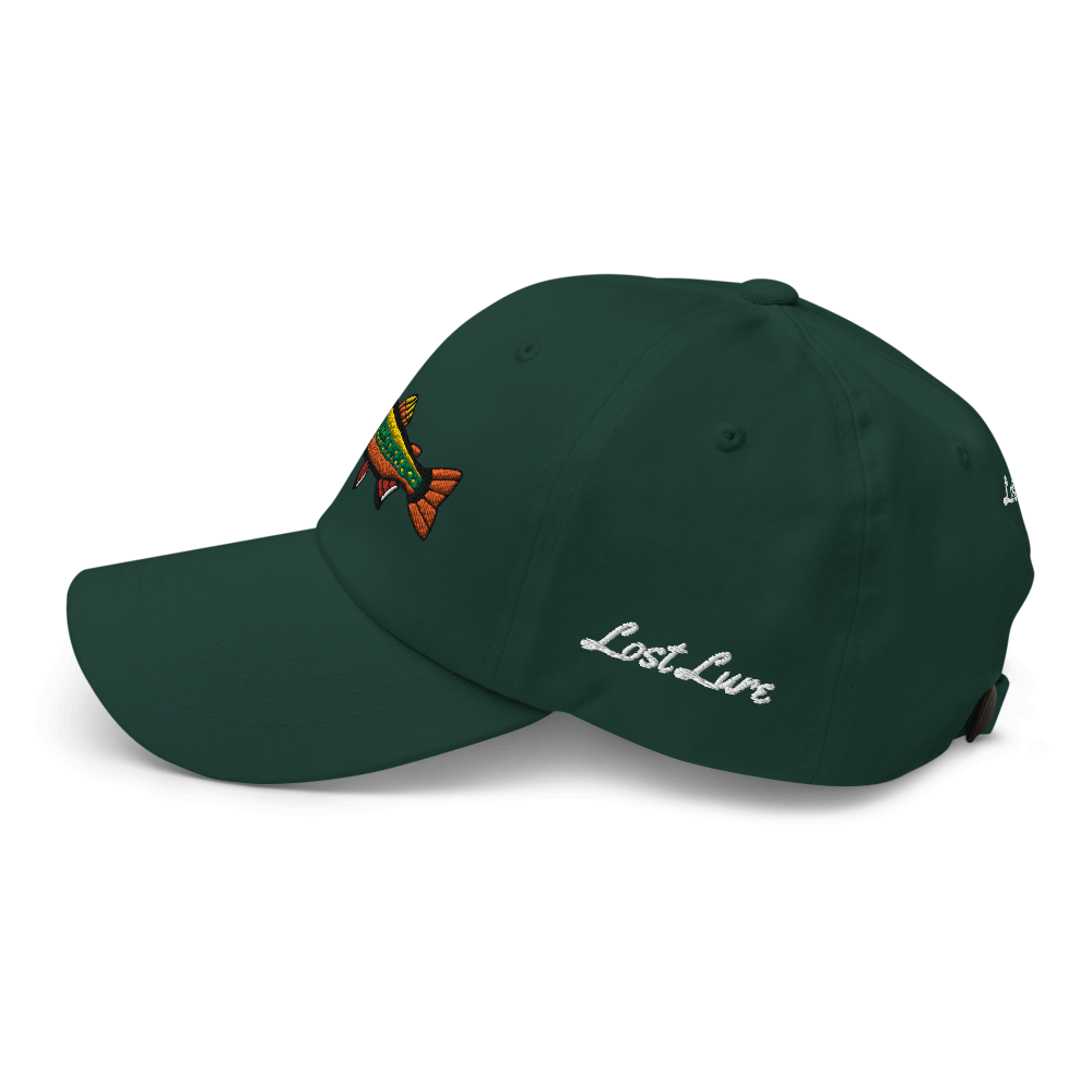 Brook Trout fishing hat. It’s a simple embroidered hat/ dad hat with a brook trout and the lost lure logo on the side. dark green, left side
