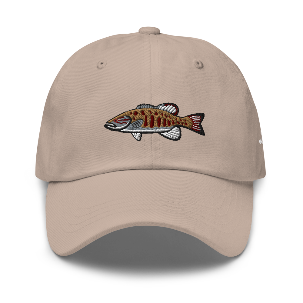 A smallmouth bass fishing hat / dad hat with a simple embroidery design of a smallie. brown hat, front side