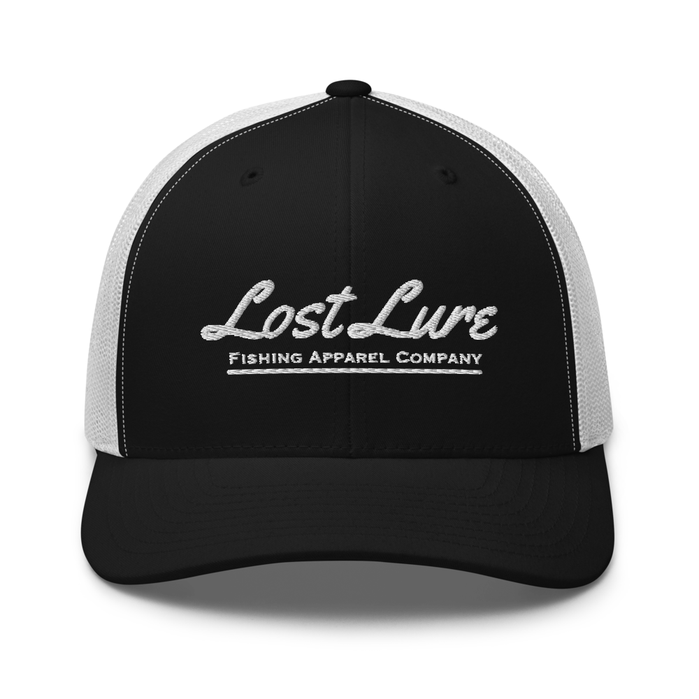 Black and white Lost lure fishing trucker hat. Front side