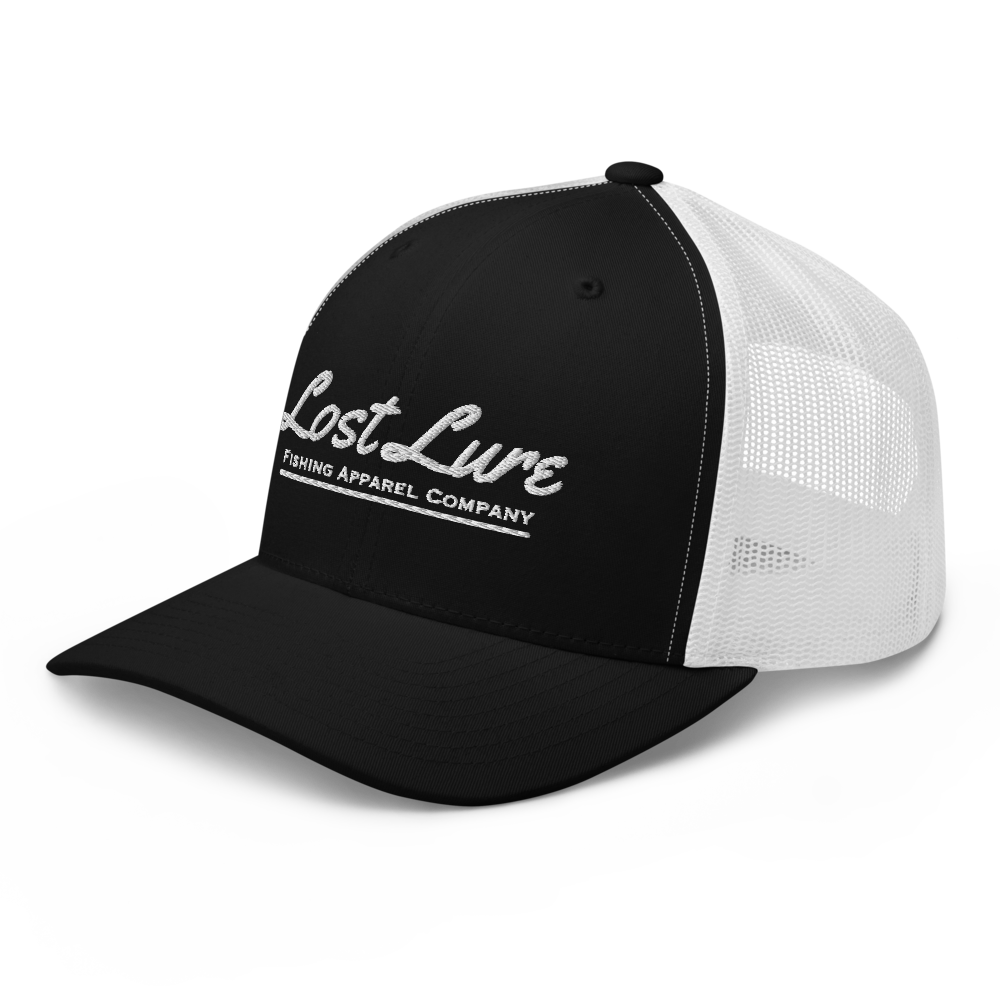 Black and white Lost lure fishing trucker hat. Front left side