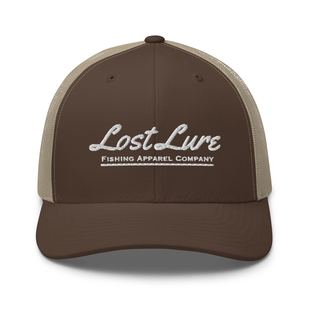 Brown Lost lure fishing trucker hat. Front side