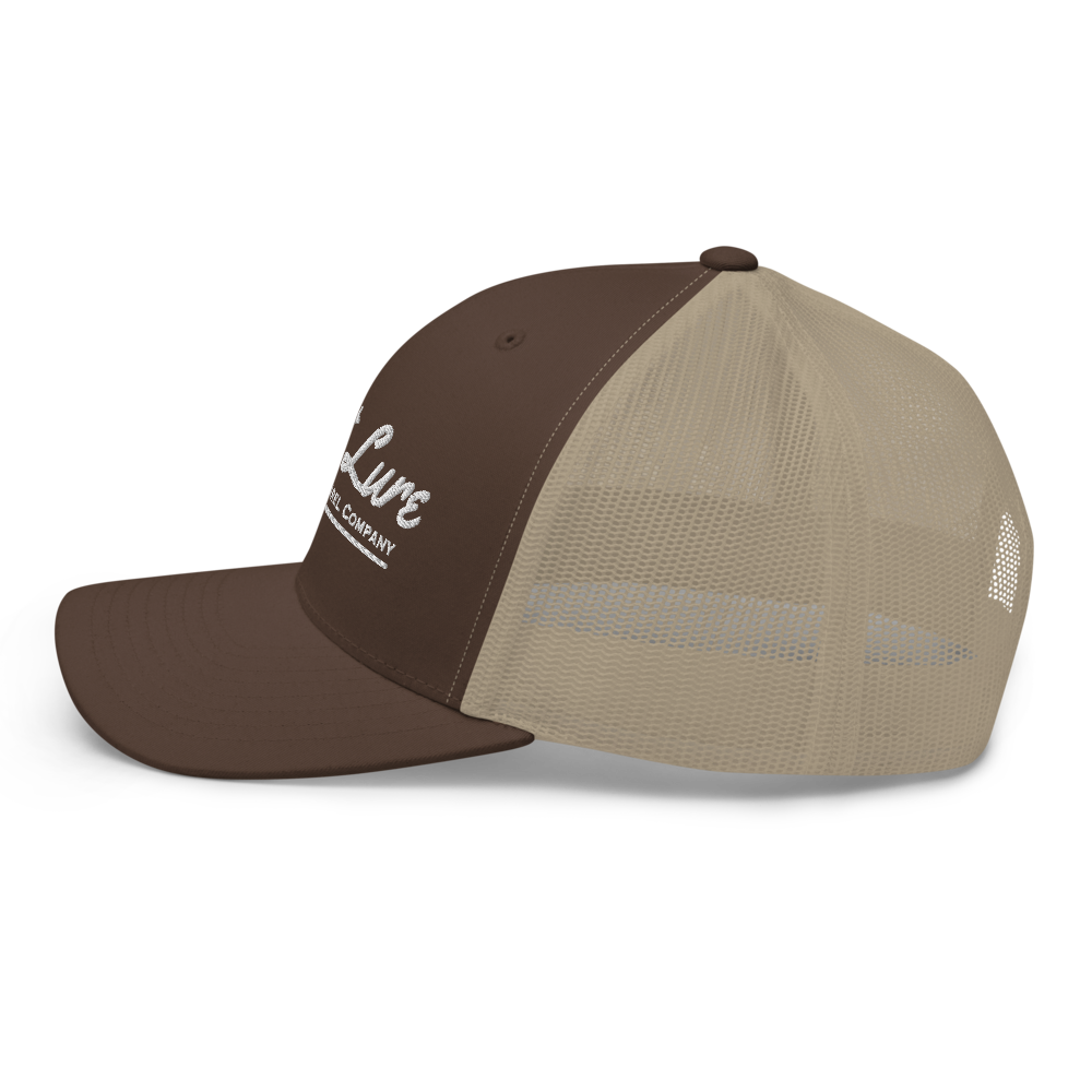 Brown Lost lure fishing trucker hat. Left side