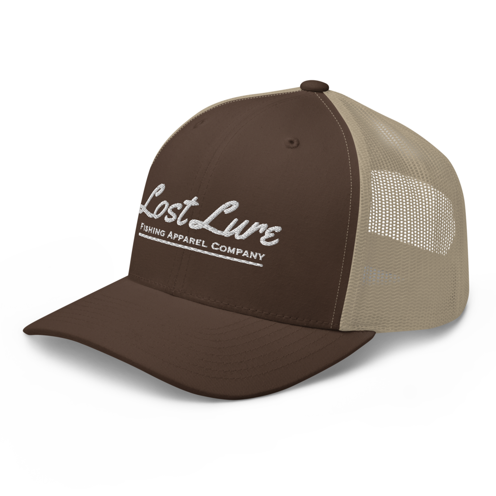 Brown Lost lure fishing trucker hat. Front left side