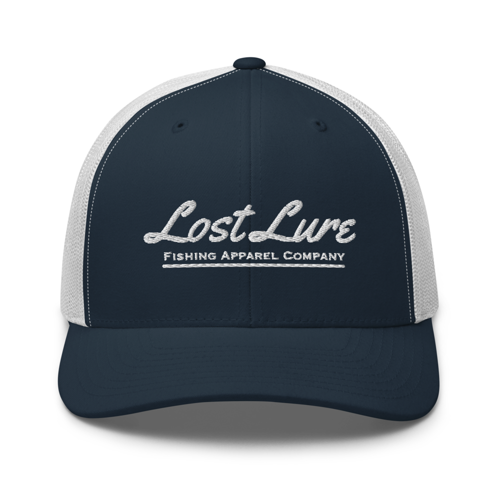 Blue and white Lost lure fishing trucker hat. Front side