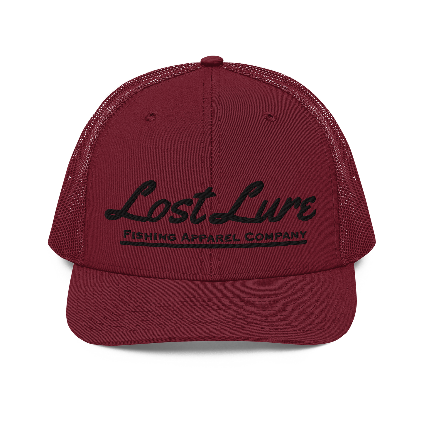 Red Lost lure fishing trucker hat. Front side