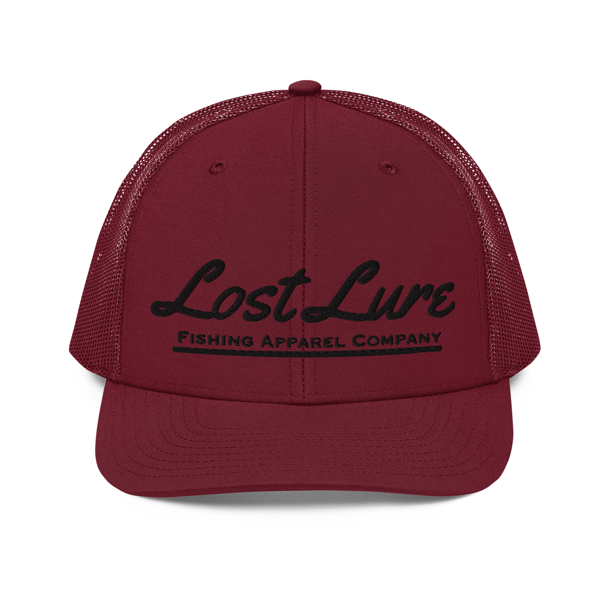 Red Lost lure fishing trucker hat. Front side