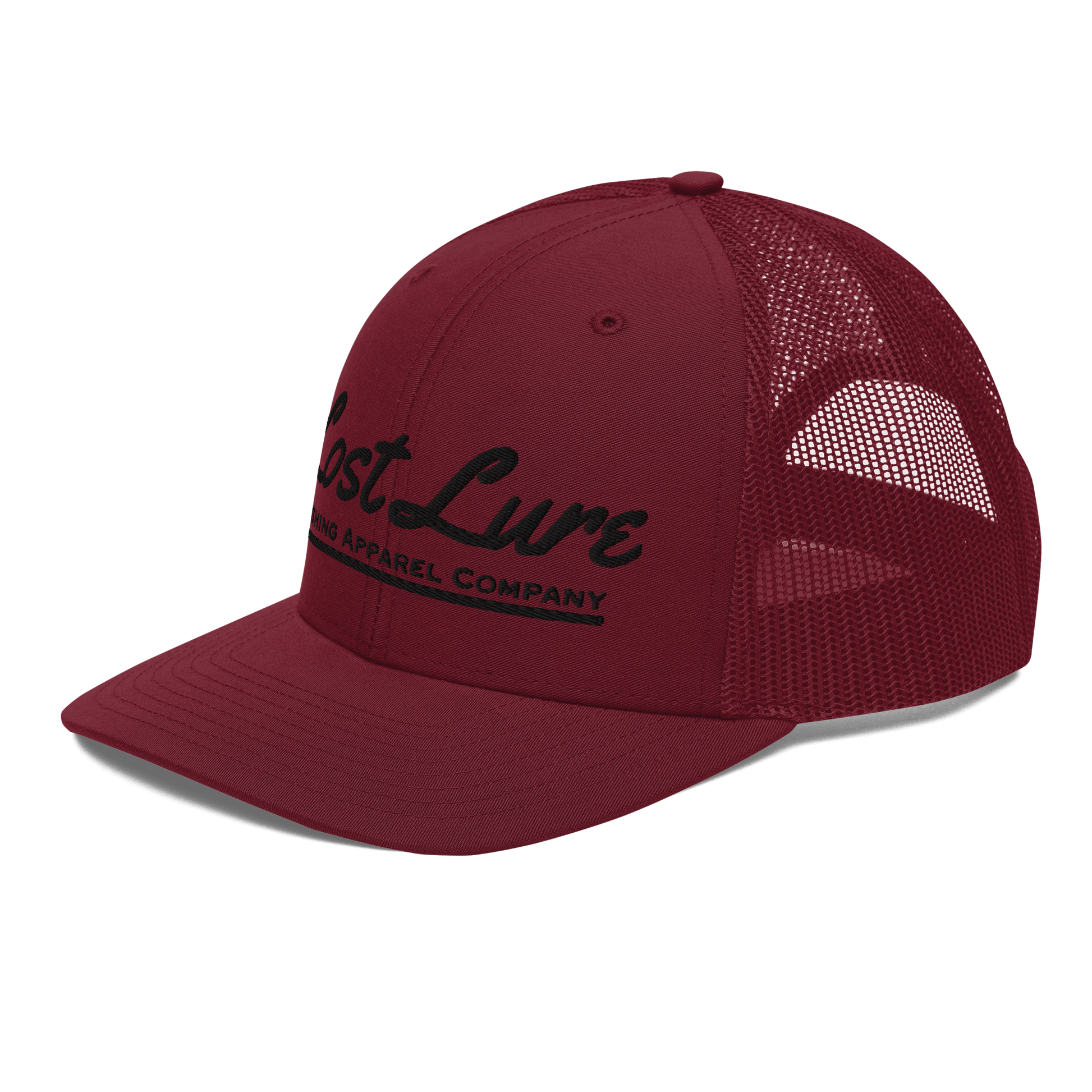 Red Lost lure fishing trucker hat. Front left side