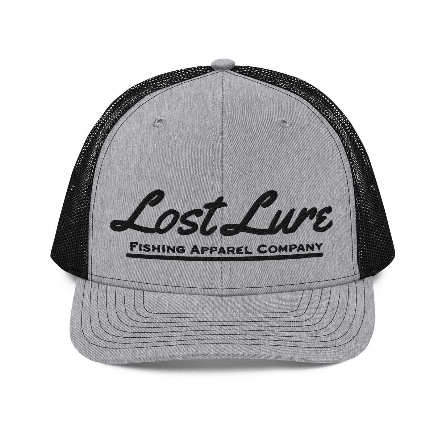 Grey and black Lost lure fishing trucker hat. Front side