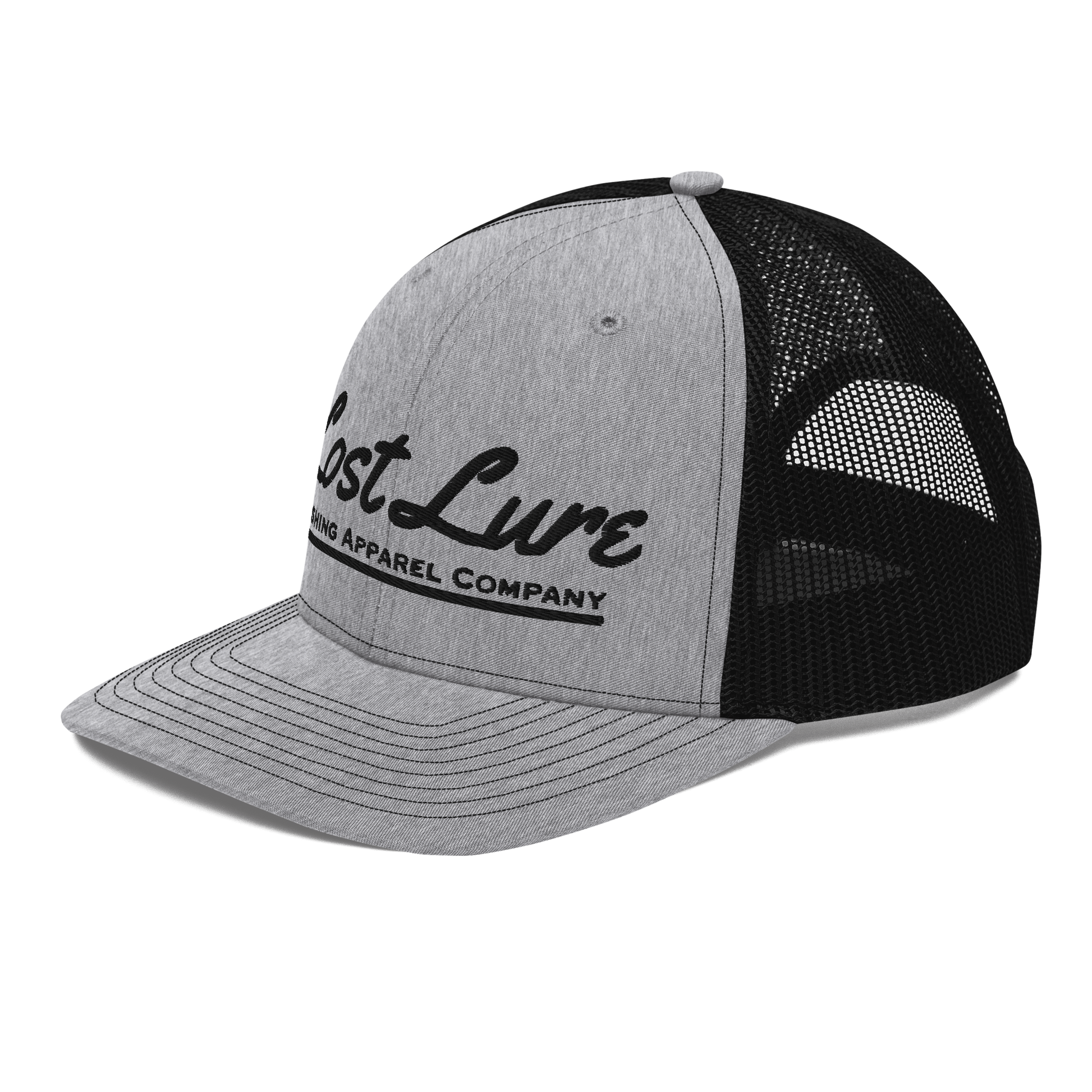 Grey and black Lost lure fishing trucker hat. Front left side