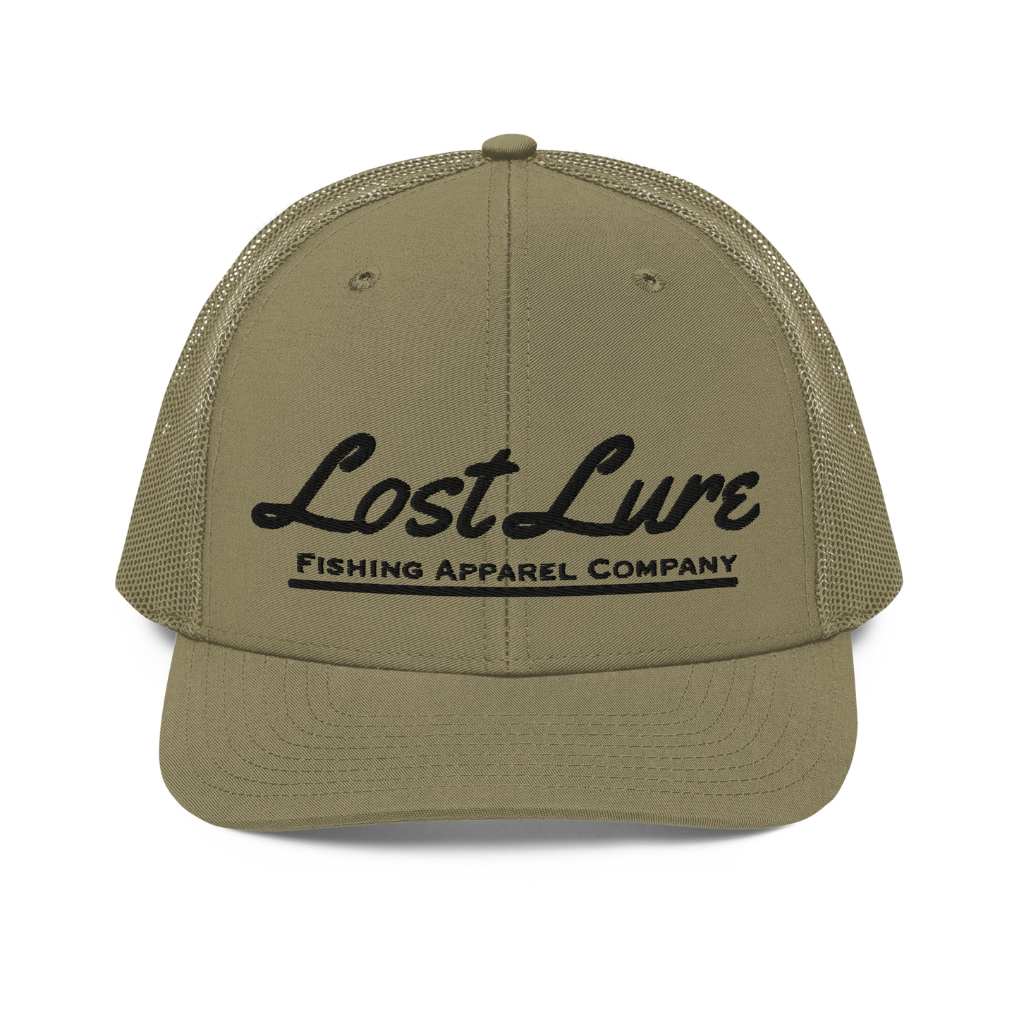 Green Lost lure fishing trucker hat. Front side