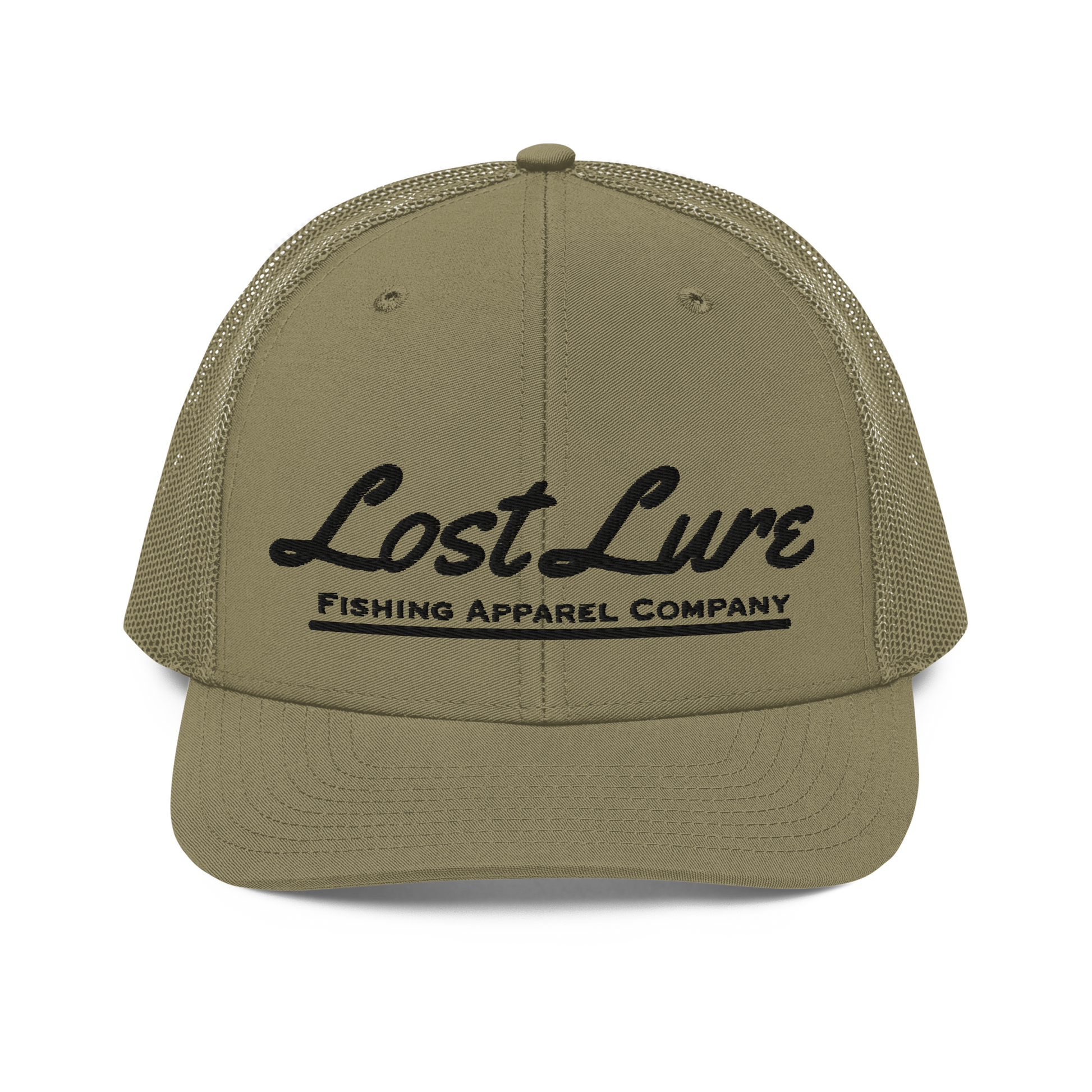 Green Lost lure fishing trucker hat. Front side