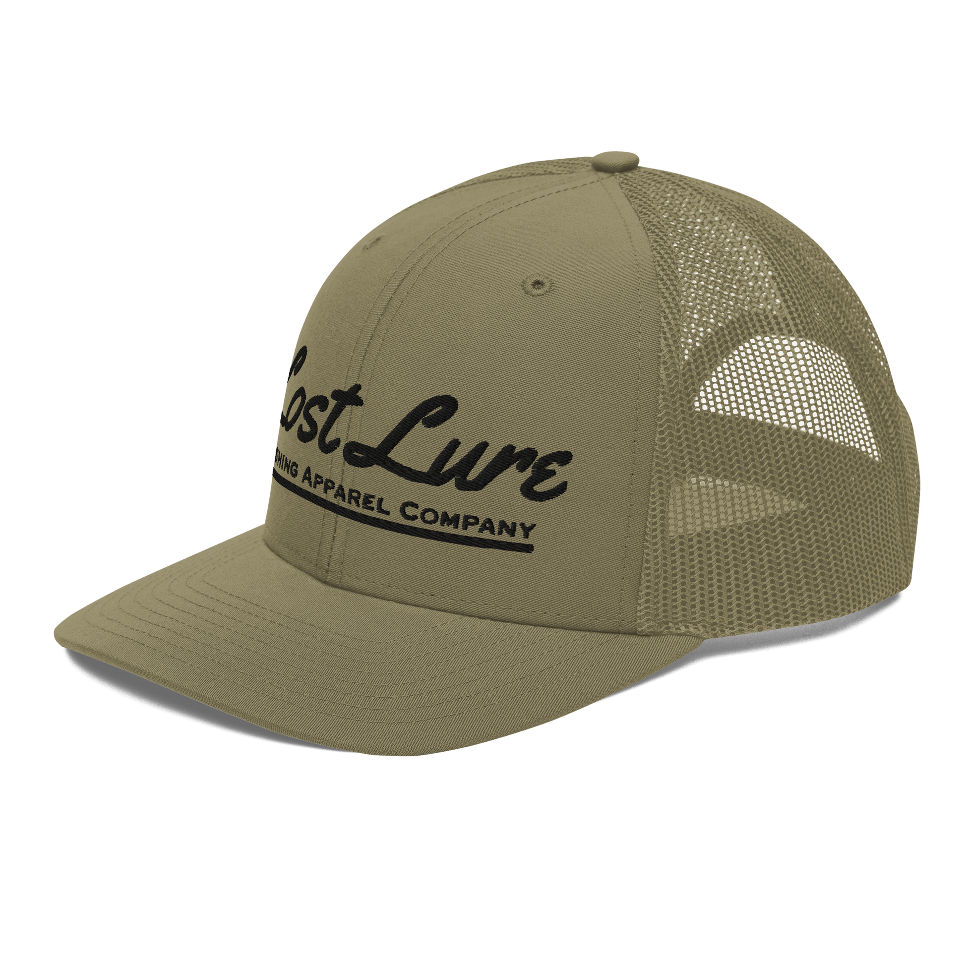 Green Lost lure fishing trucker hat. Front left side