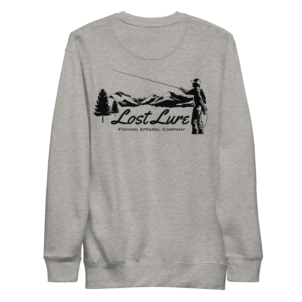 Fly fishing Lost pullover / sweatshirt. It has a design on the back of the sweatshirt of a black and white outline a fly fisherman and the Rocky Mountains. Grey fishing pullover. Back side
