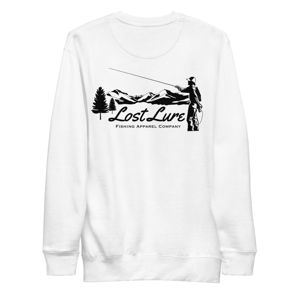 Fly fishing Lost pullover / sweatshirt. It has a design on the back of the sweatshirt of a black and white outline a fly fisherman and the Rocky Mountains. White fishing pullover, back side