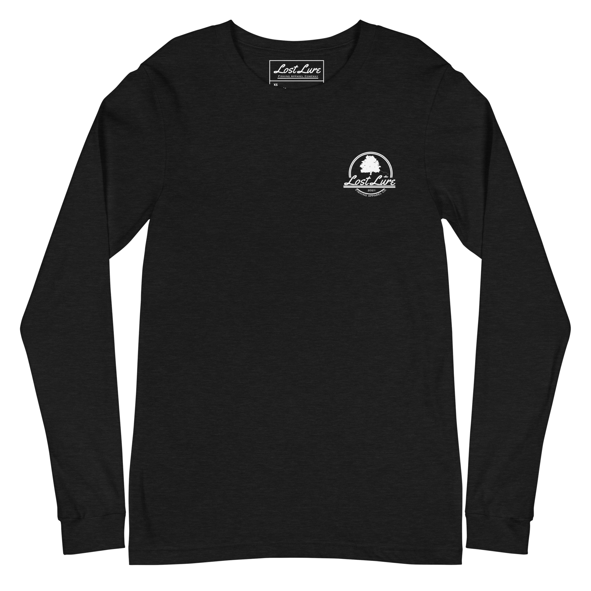 Fly fishing Lost lure long sleeve shirt. It has a design on the back of the shirt black and white outline a fly fisherman and the Rocky Mountains. Black fishing shirt, front side
