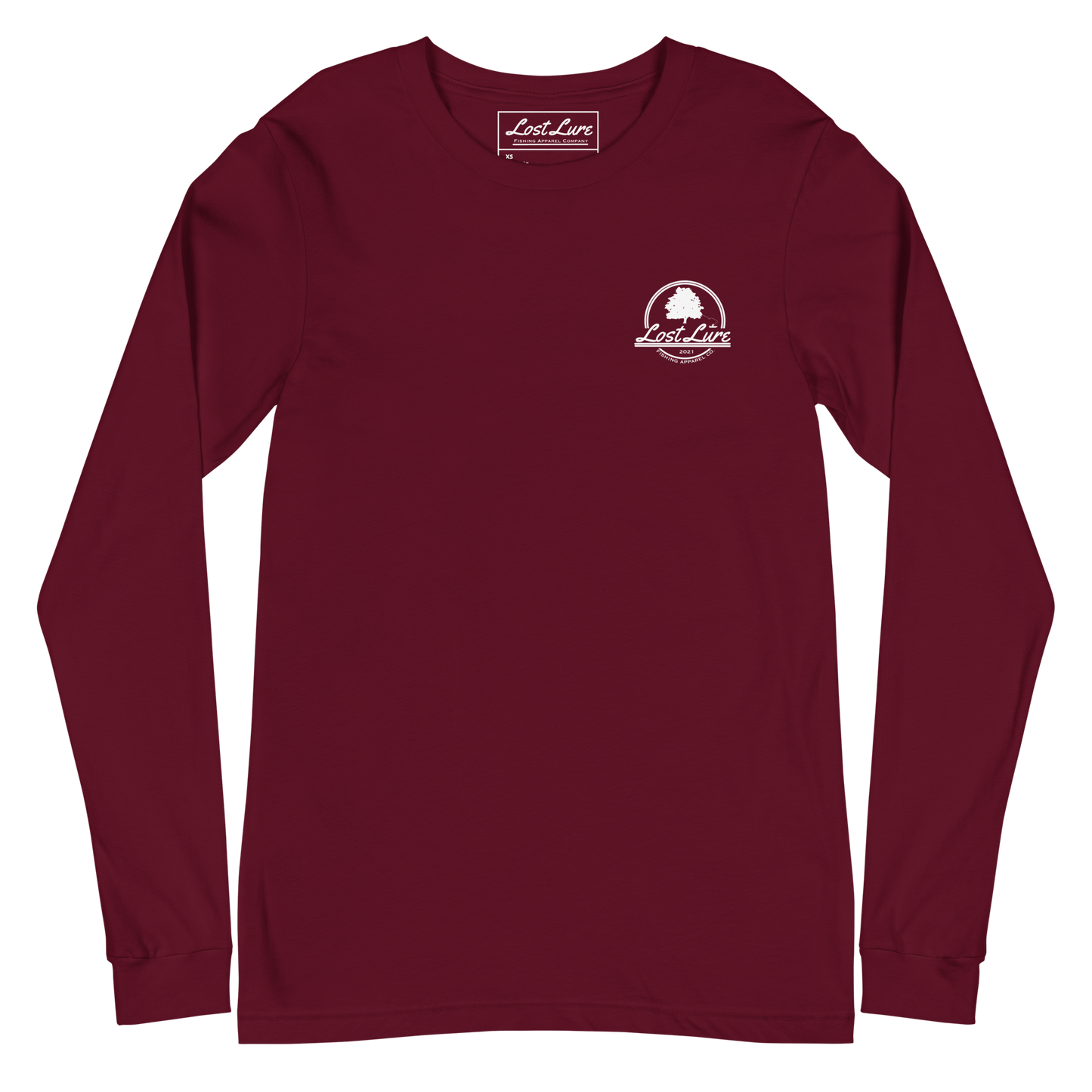 Fly fishing Lost lure long sleeve shirt. It has a design on the back of the shirt black and white outline a fly fisherman and the Rocky Mountains. Maroon fishing shirt, front side