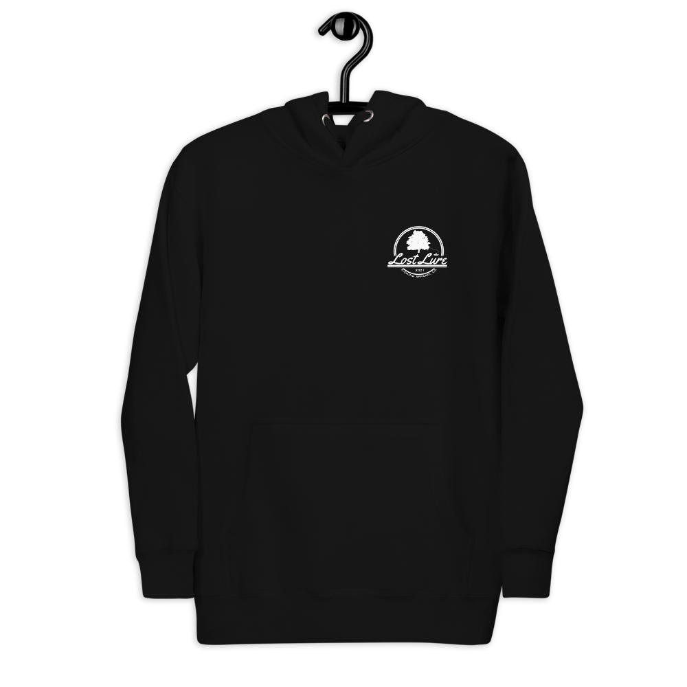 Fly fishing hoodie made by Lost Lure. It has a design on the back with a fly fisherman and the Rocky Mountains. Black Fishing hoodie, front side