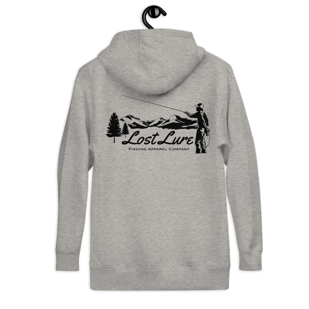 Fly fishing hoodie made by Lost Lure. It has a design on the back with a fly fisherman and the Rocky Mountains. Grey Fishing hoodie, back side