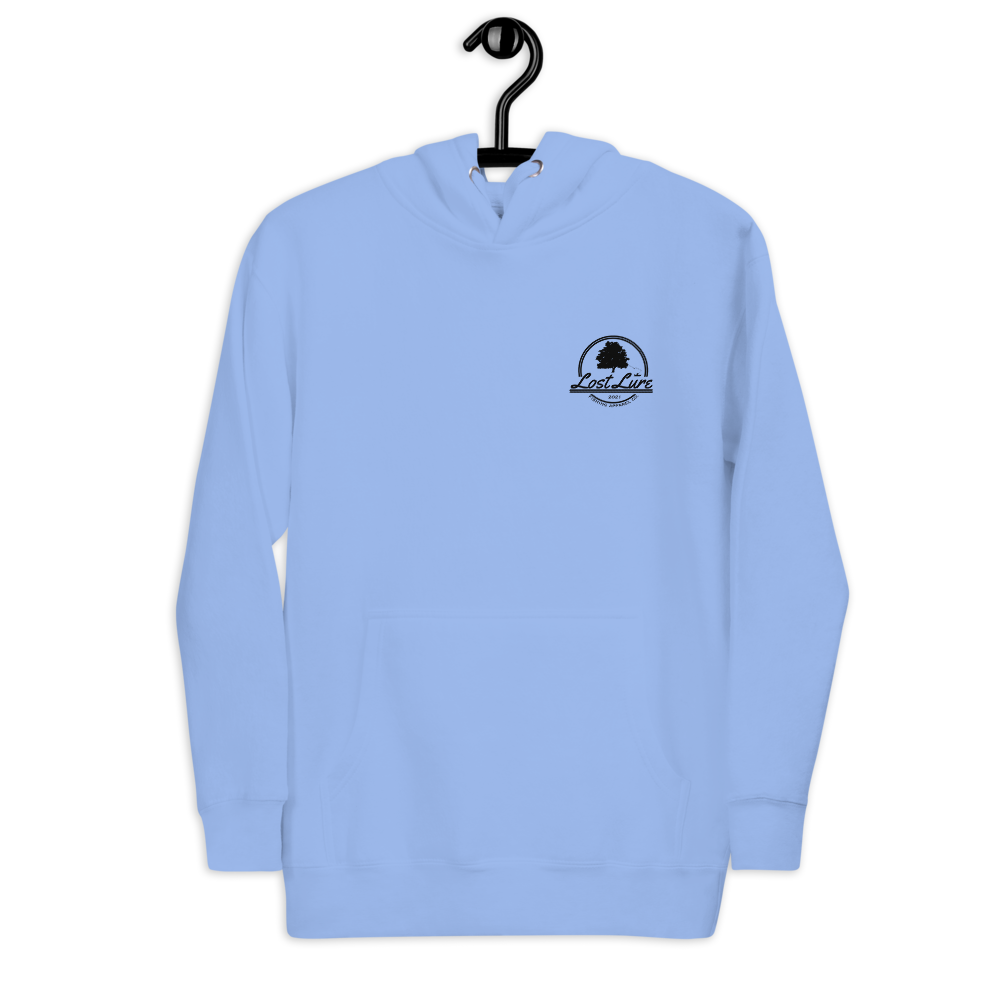 Fly fishing hoodie made by Lost Lure. It has a design on the back with a fly fisherman and the Rocky Mountains. Light blue Fishing hoodie, front side