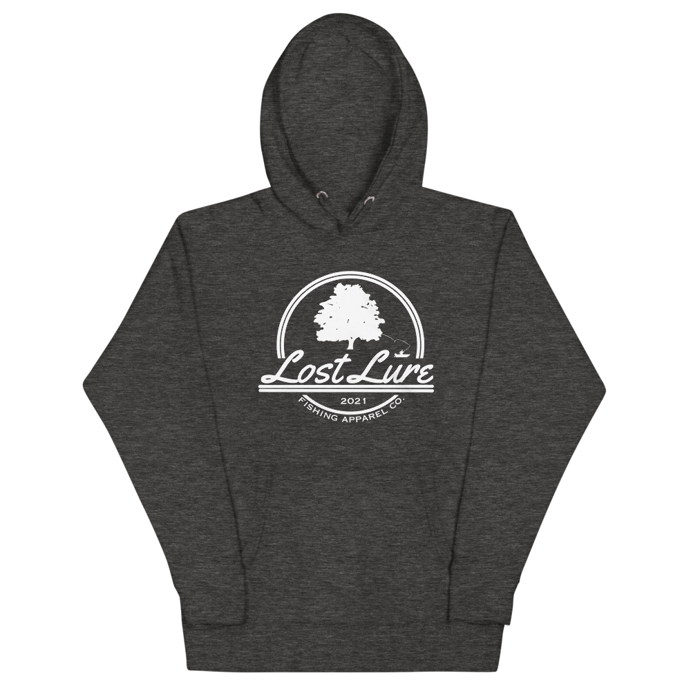 Lost lure fishing hoodie with logo. Grey