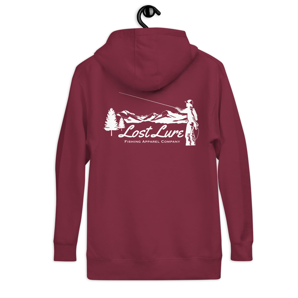 Fly fishing hoodie made by Lost Lure. It has a design on the back with a fly fisherman and the Rocky Mountains. Maroon Fishing hoodie, back side