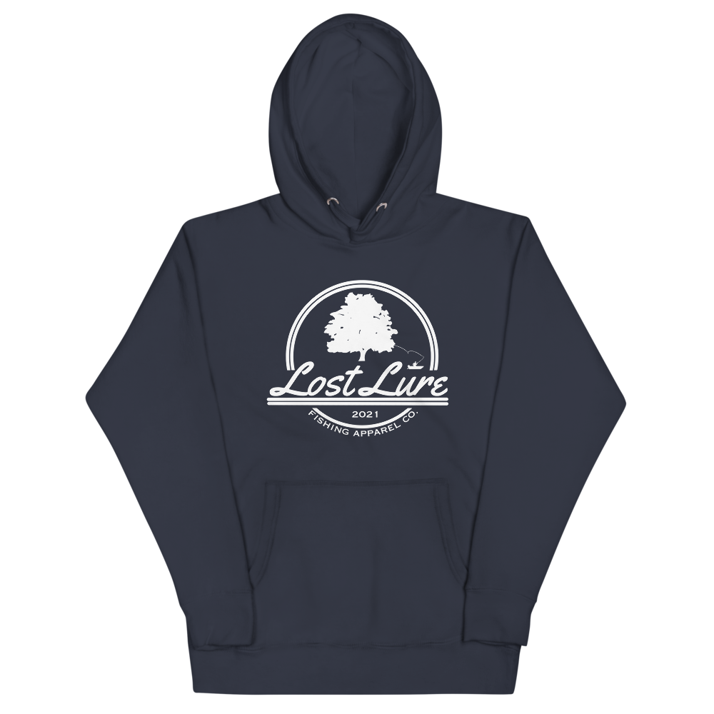 Lost lure fishing hoodie with logo. Navy blue