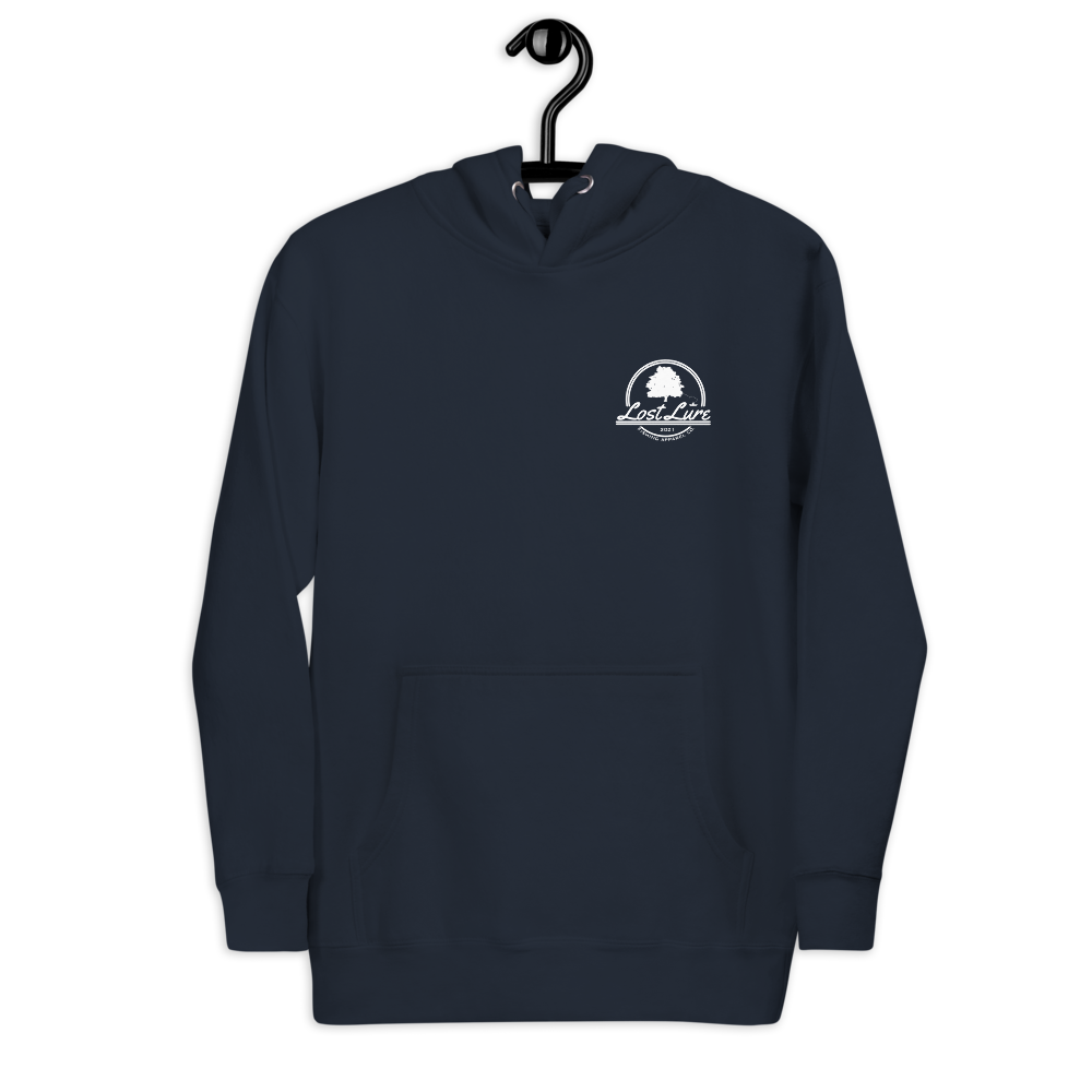Fly fishing hoodie made by Lost Lure. It has a design on the back with a fly fisherman and the Rocky Mountains. Blue Fishing hoodie, front
