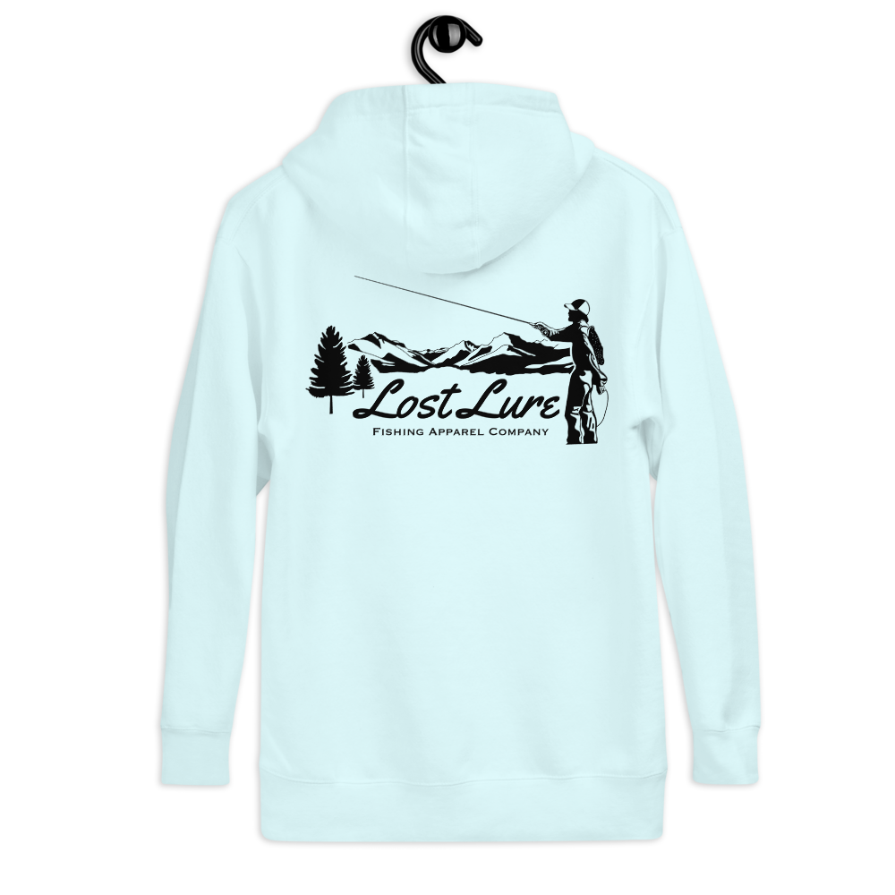 Fly fishing hoodie made by Lost Lure. It has a design on the back with a fly fisherman and the Rocky Mountains. Baby blue Fishing hoodie, Back side