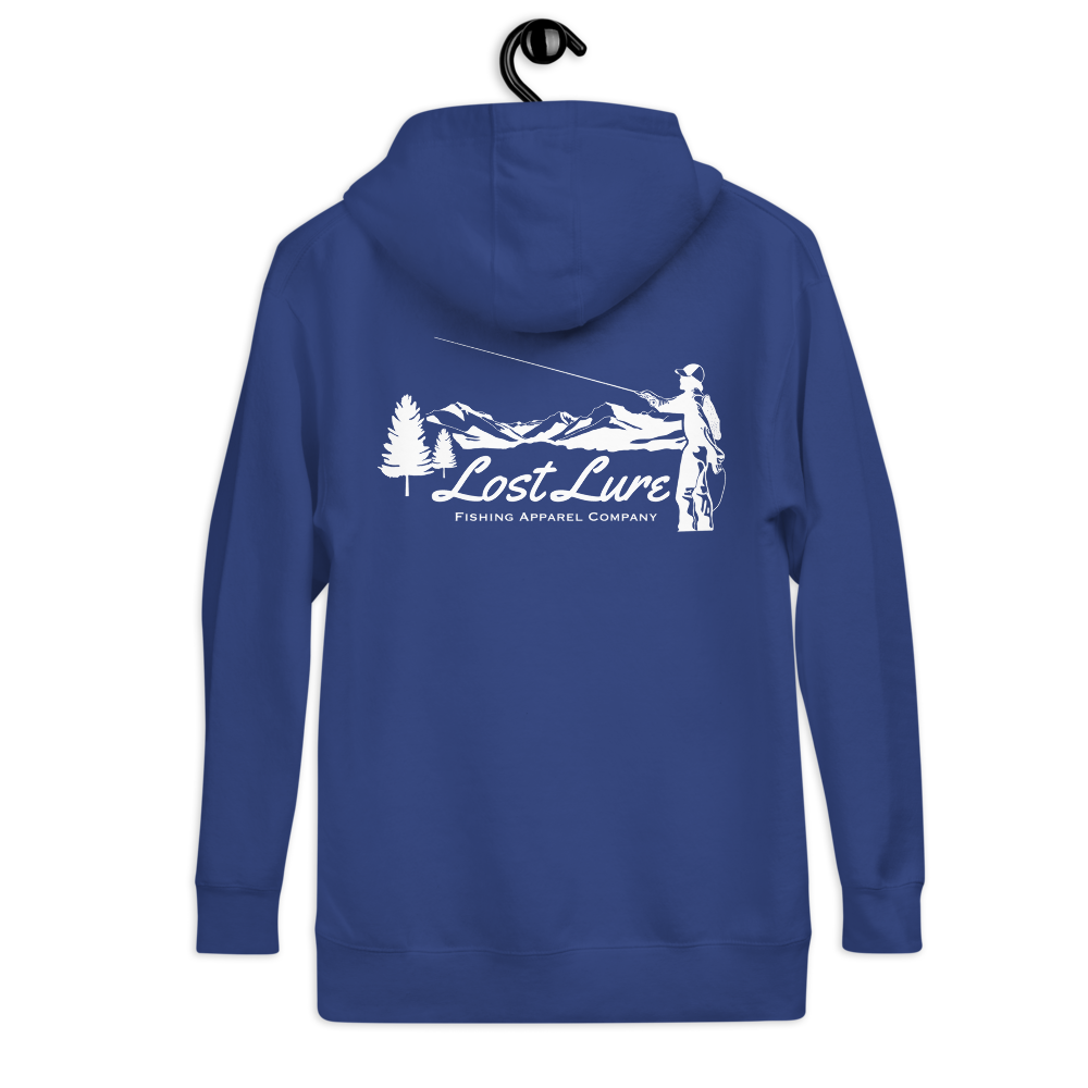 Fly fishing hoodie made by Lost Lure. It has a design on the back with a fly fisherman and the Rocky Mountains. Blue Fishing hoodie, back side