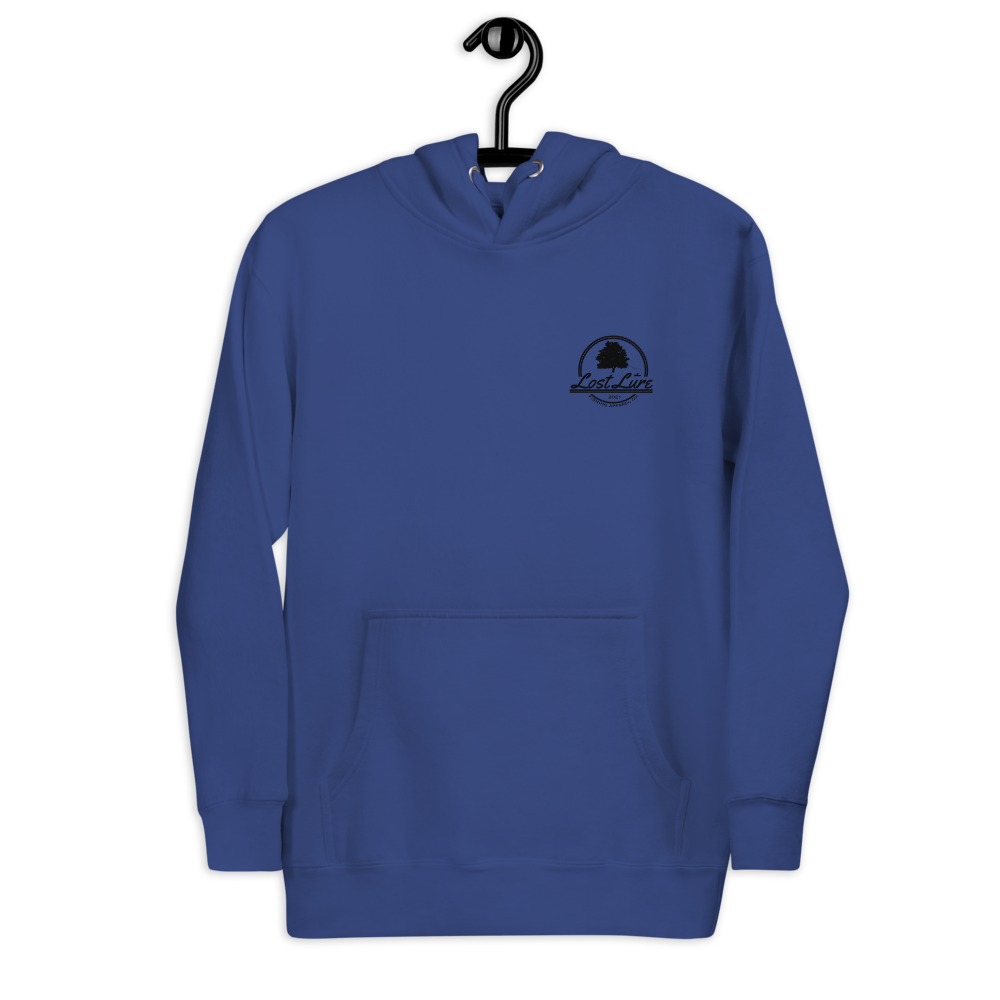 Fly fishing hoodie made by Lost Lure. It has a design on the back with a fly fisherman and the Rocky Mountains. Blue Fishing hoodie, front side