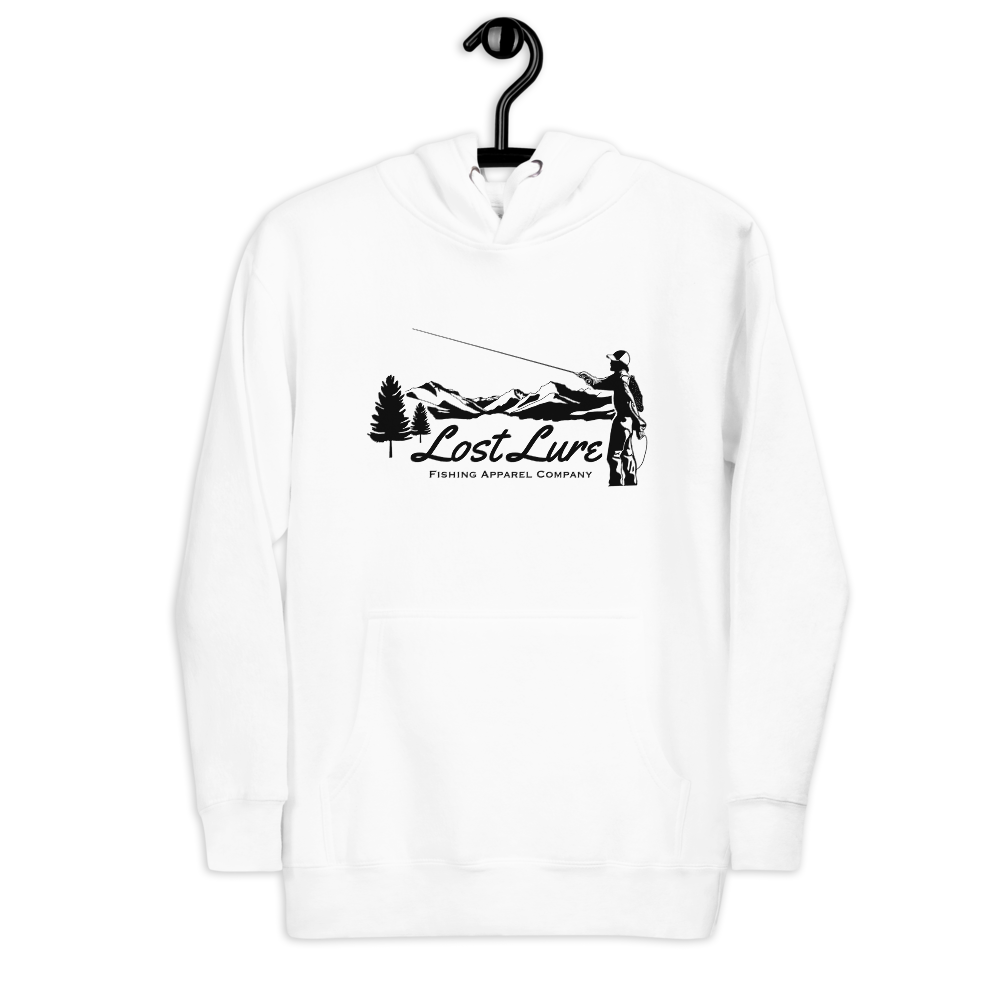 Fly fishing hoodie made by Lost Lure. It has a black design on the back with a fly fisherman and the Rocky Mountains. White hoodie, Front side, hood down
