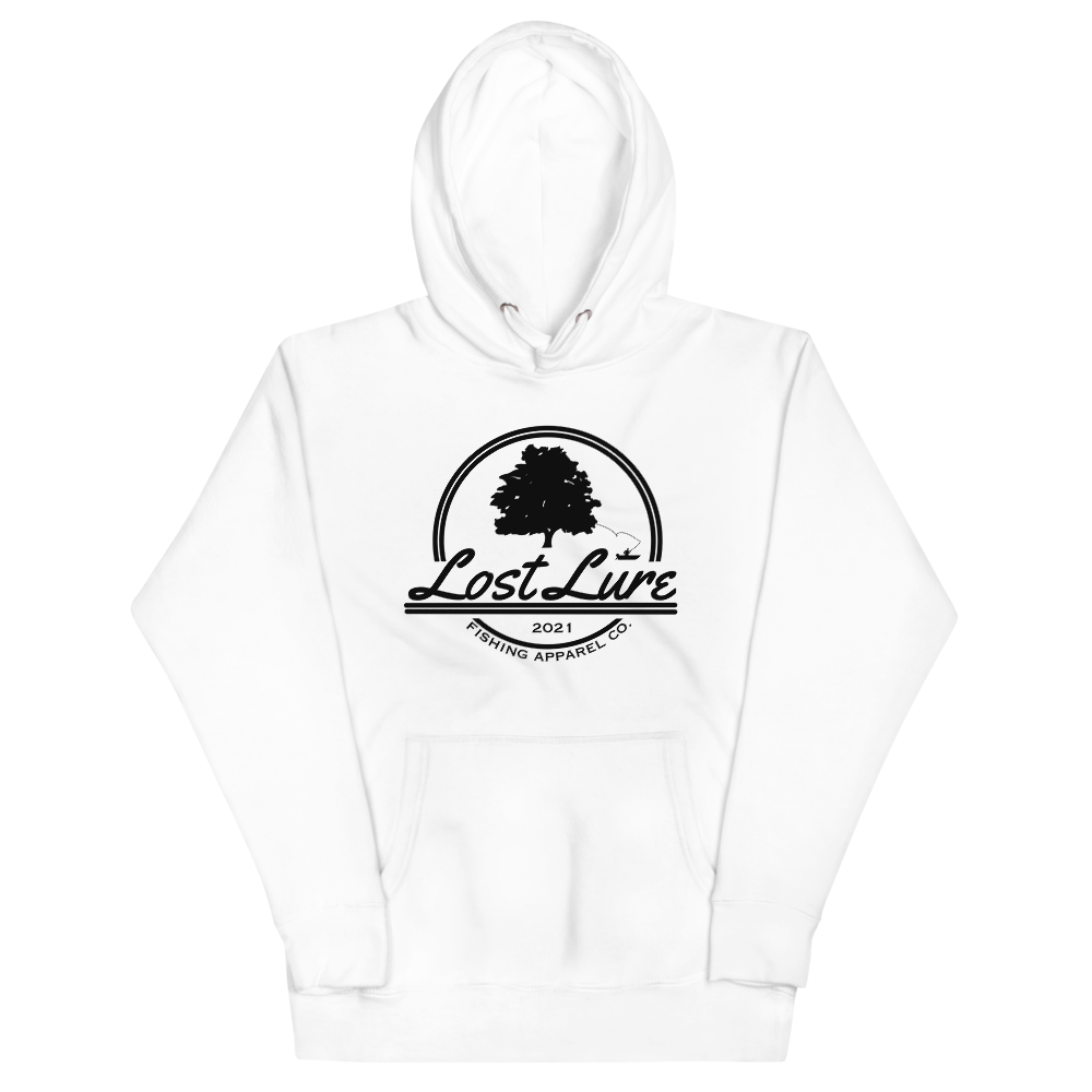 Lost lure fishing hoodie with logo. White