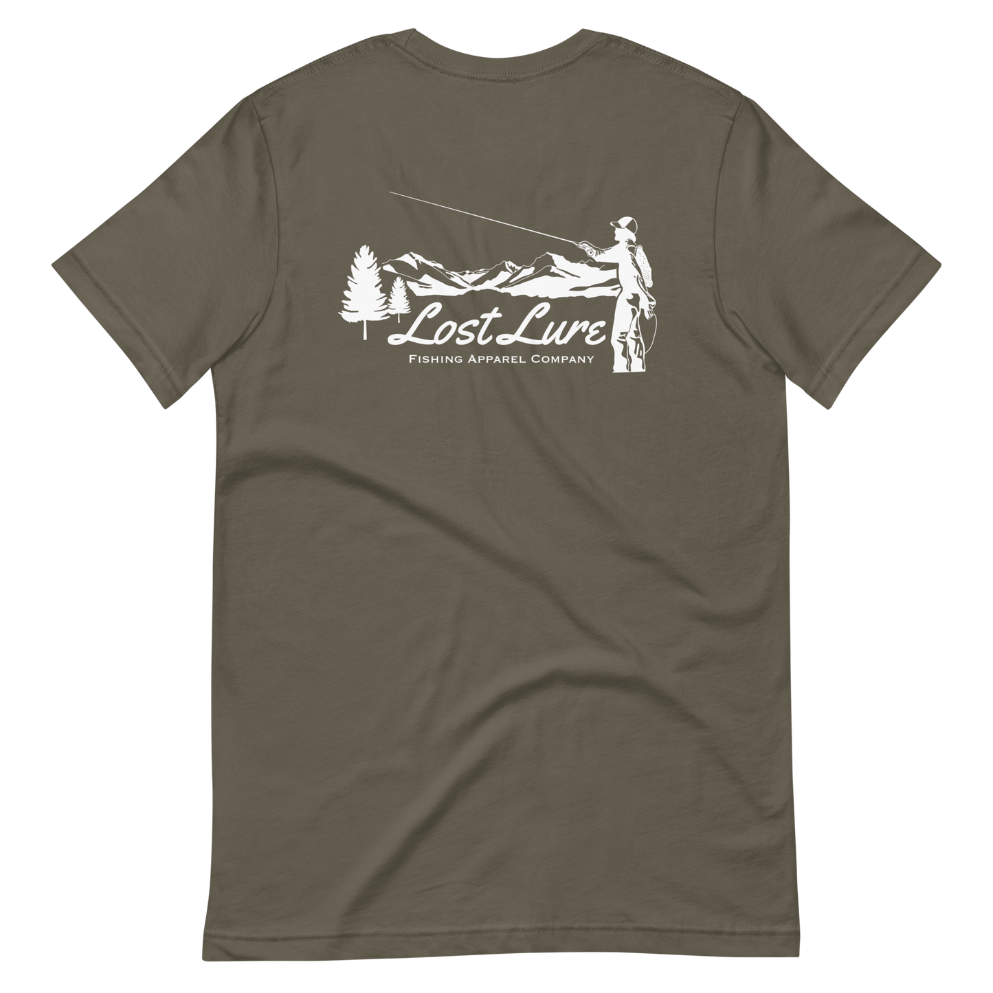 Fly fishing Lost lure shirt. It has a design on the back of the shirt black and white outline a fly fisherman and the Rocky Mountains. Green fishing shirt, back side