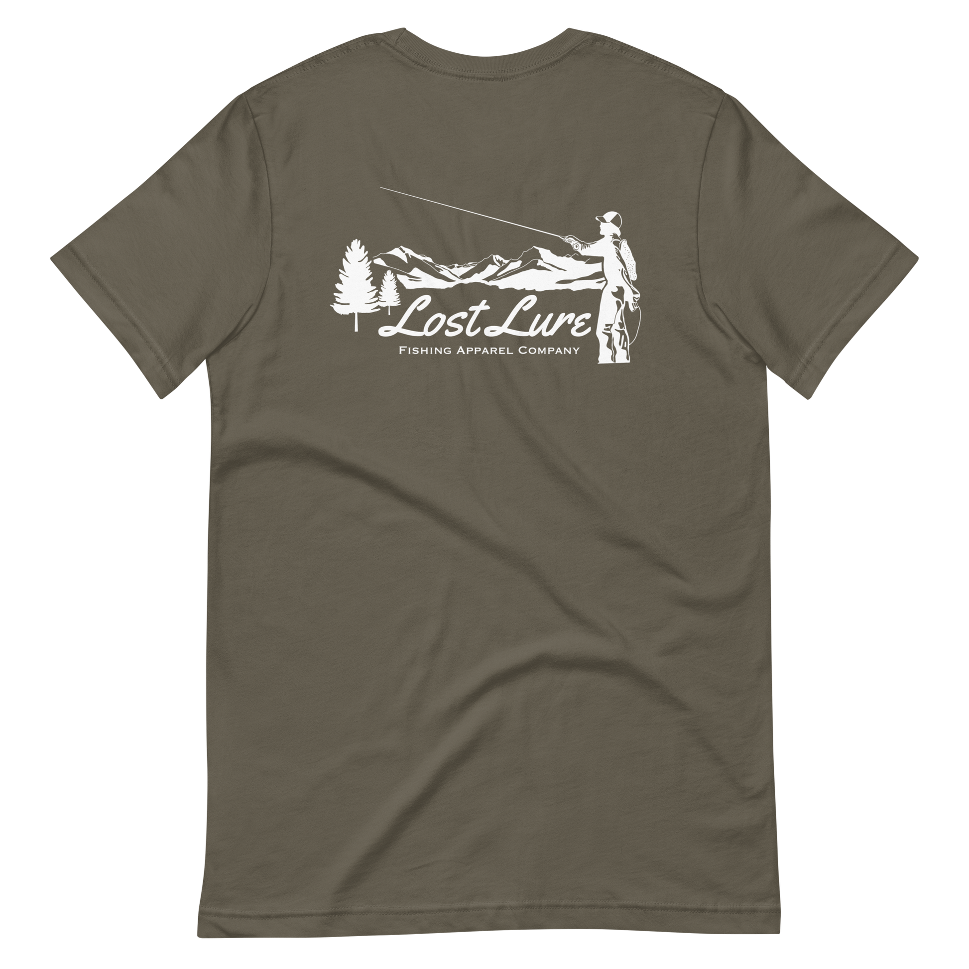 Fly fishing Lost lure shirt. It has a design on the back of the shirt black and white outline a fly fisherman and the Rocky Mountains. Green fishing shirt, back side